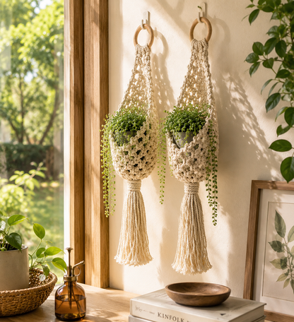 Cozy room decor with handmade macrame hanging baskets