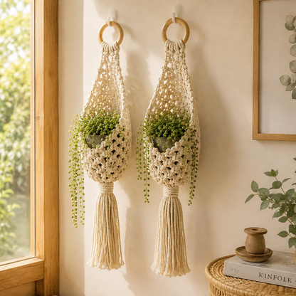 Boho window display with handmade macrame hanging baskets