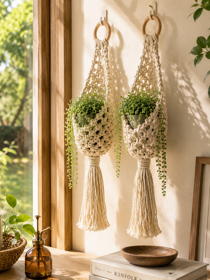 Cozy room decor with handmade macrame hanging baskets