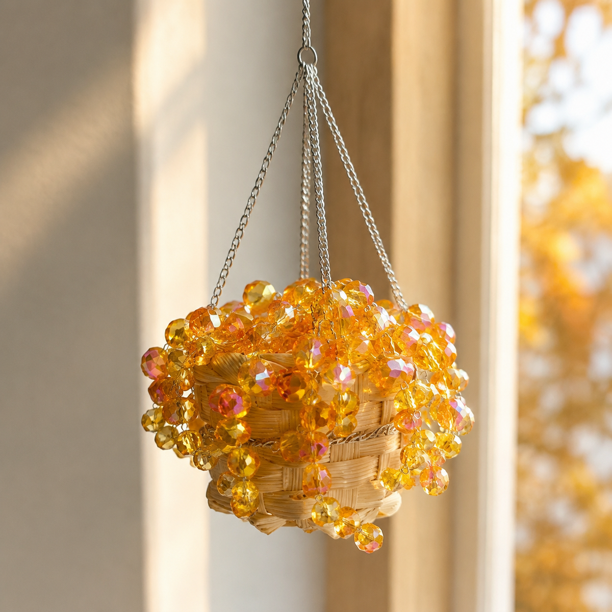 Close-up of Golden Amber mini beaded plant car charm in warm sunlight