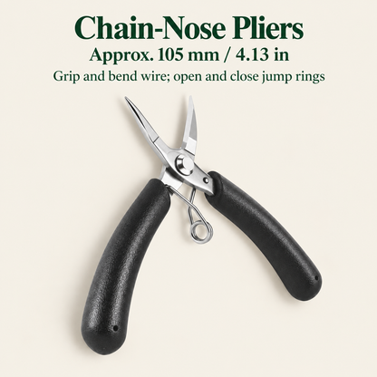 Black-handled mini chain-nose pliers, approximately 105 mm or 4.13 inches long, for gripping wire and adjusting jump rings