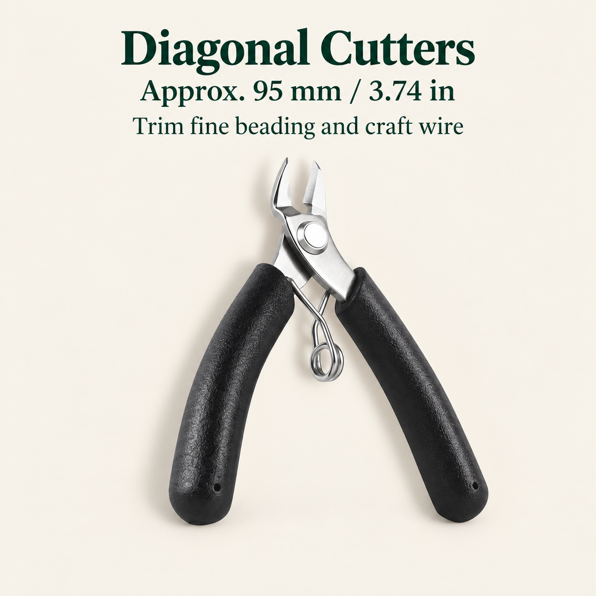 Black-handled mini diagonal cutters, approximately 95 mm or 3.74 inches long, for trimming fine craft wire