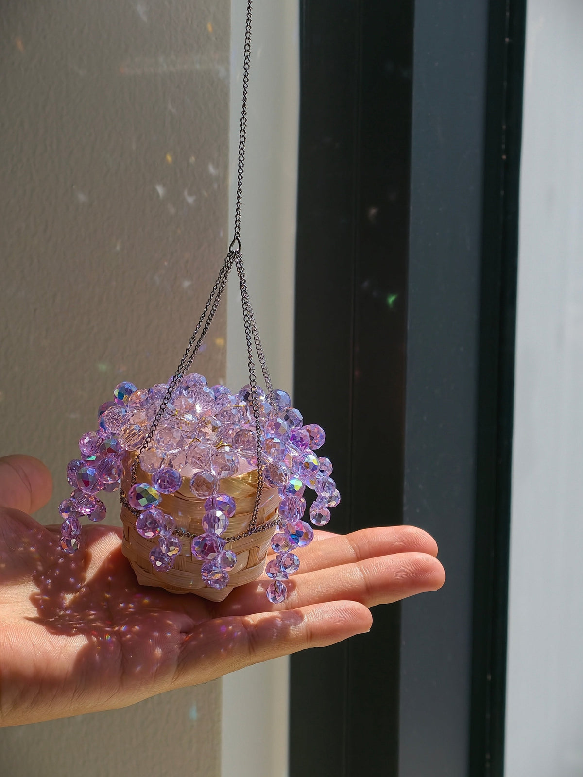 Mini purple beaded plant car charm - handmade crystal bead rearview mirror charm