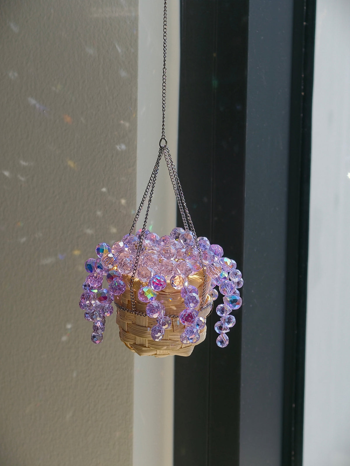 Mini purple beaded plant car charm - handmade crystal bead rearview mirror charm