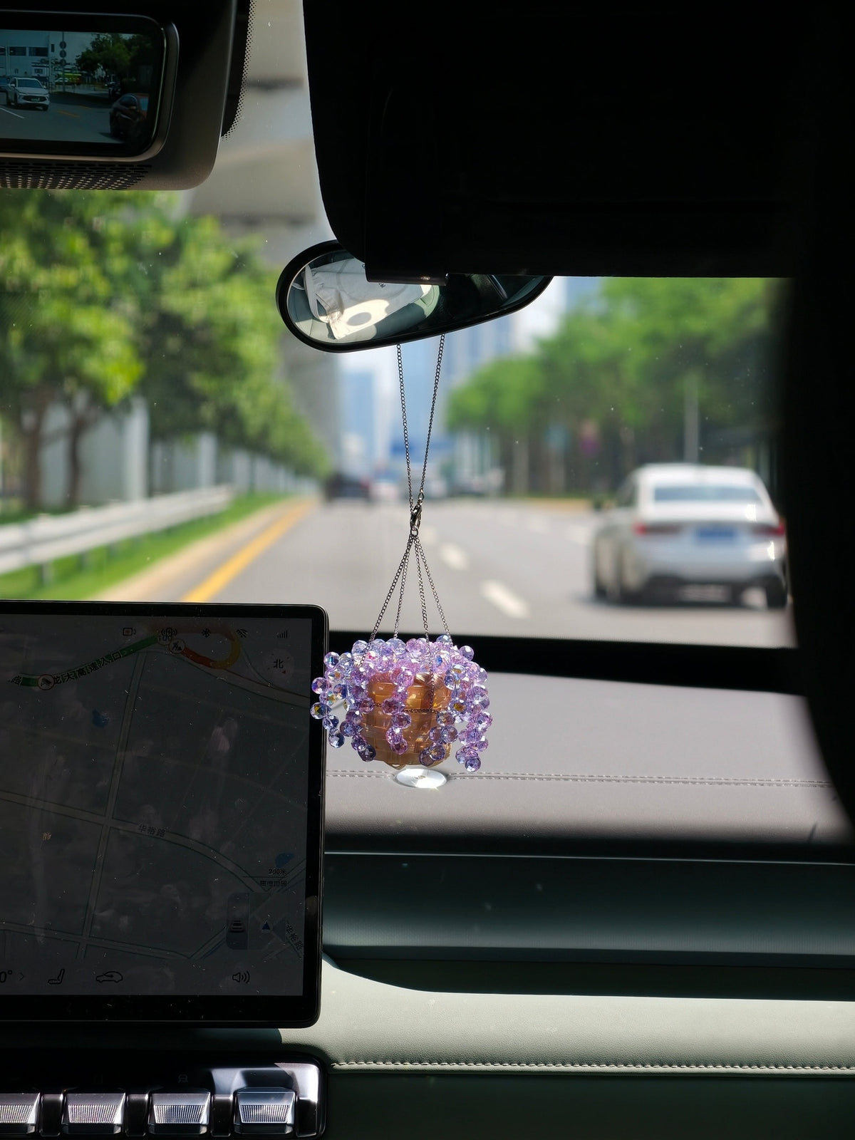 Mini purple beaded plant car charm - handmade crystal bead rearview mirror charm