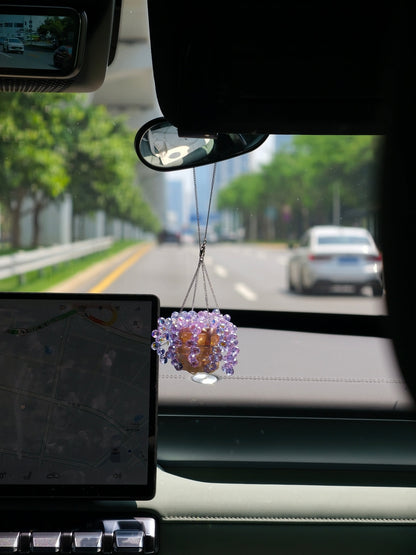 Mini purple beaded plant car charm - handmade crystal bead rearview mirror charm