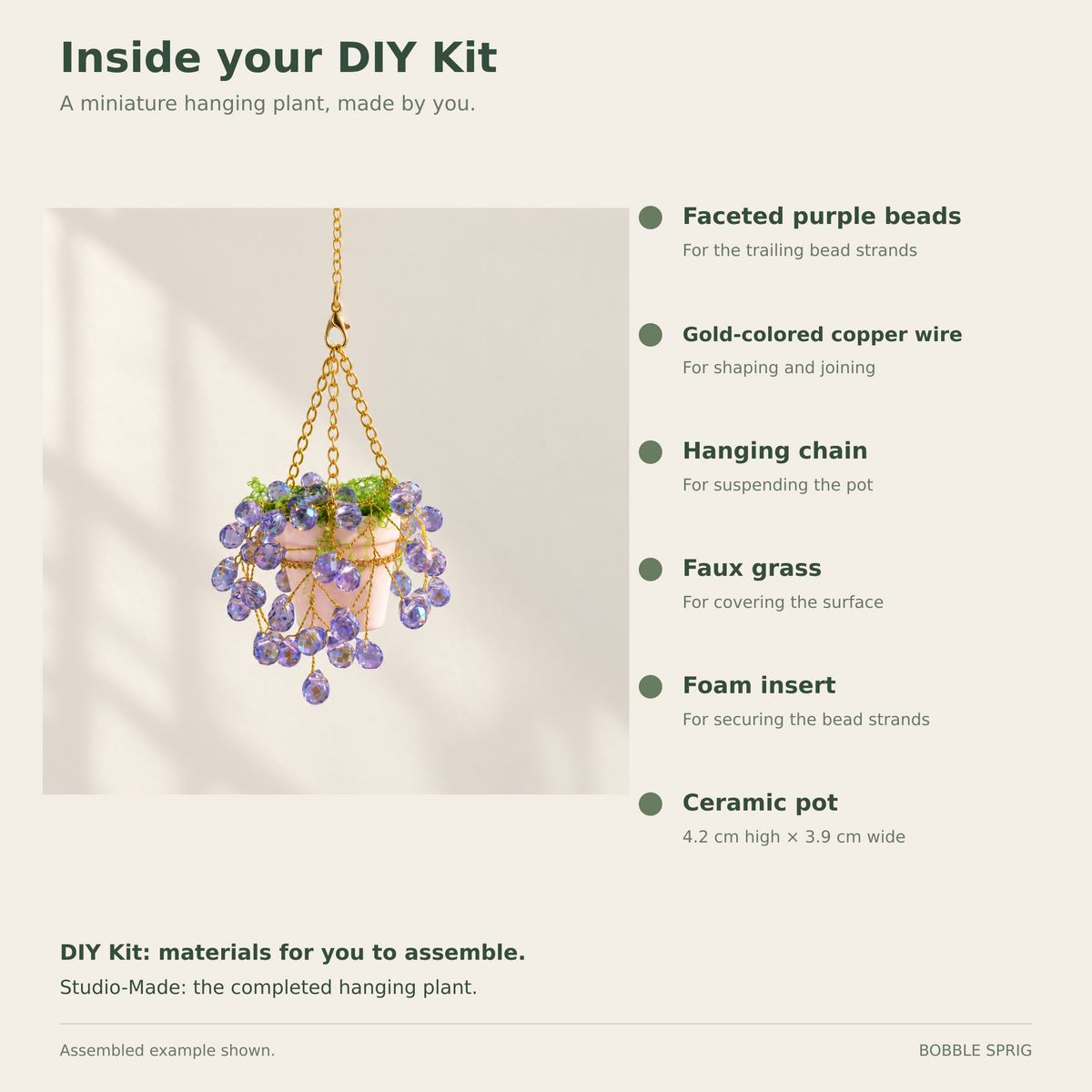DIY kit contents: purple beads, gold-colored copper wire, hanging chain, faux grass, foam and ceramic pot; assembled example shown