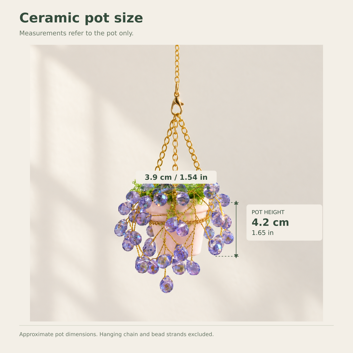Ceramic pot size guide showing 4.2 cm height and 3.9 cm width, excluding hanging chain and bead strands