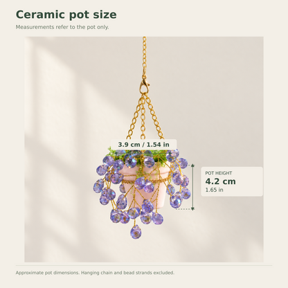 Ceramic pot size guide showing 4.2 cm height and 3.9 cm width, excluding hanging chain and bead strands