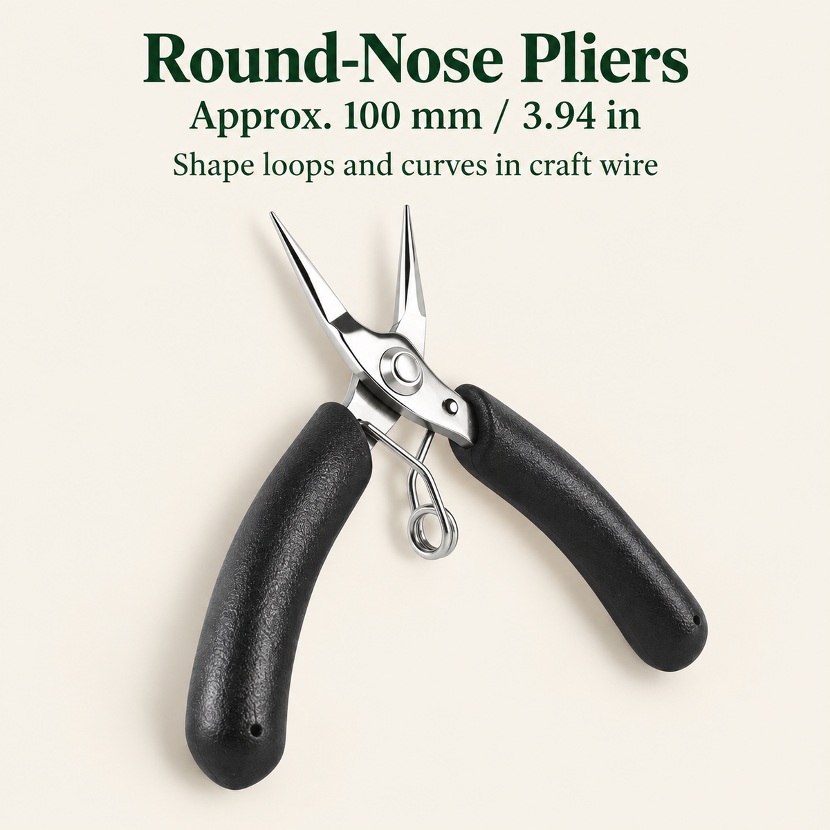 Black-handled mini round-nose pliers, approximately 100 mm or 3.94 inches long, for shaping wire loops and curves