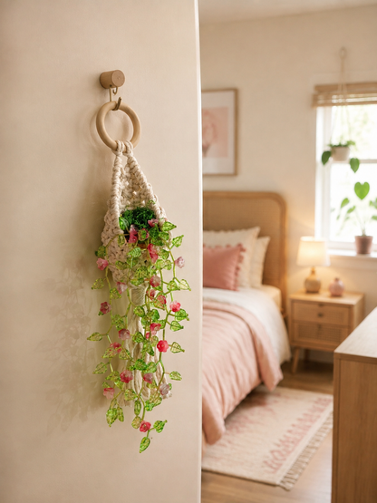 Pink crystal beaded flower vine displayed in a white woven hanging pouch in a warm modern bedroom