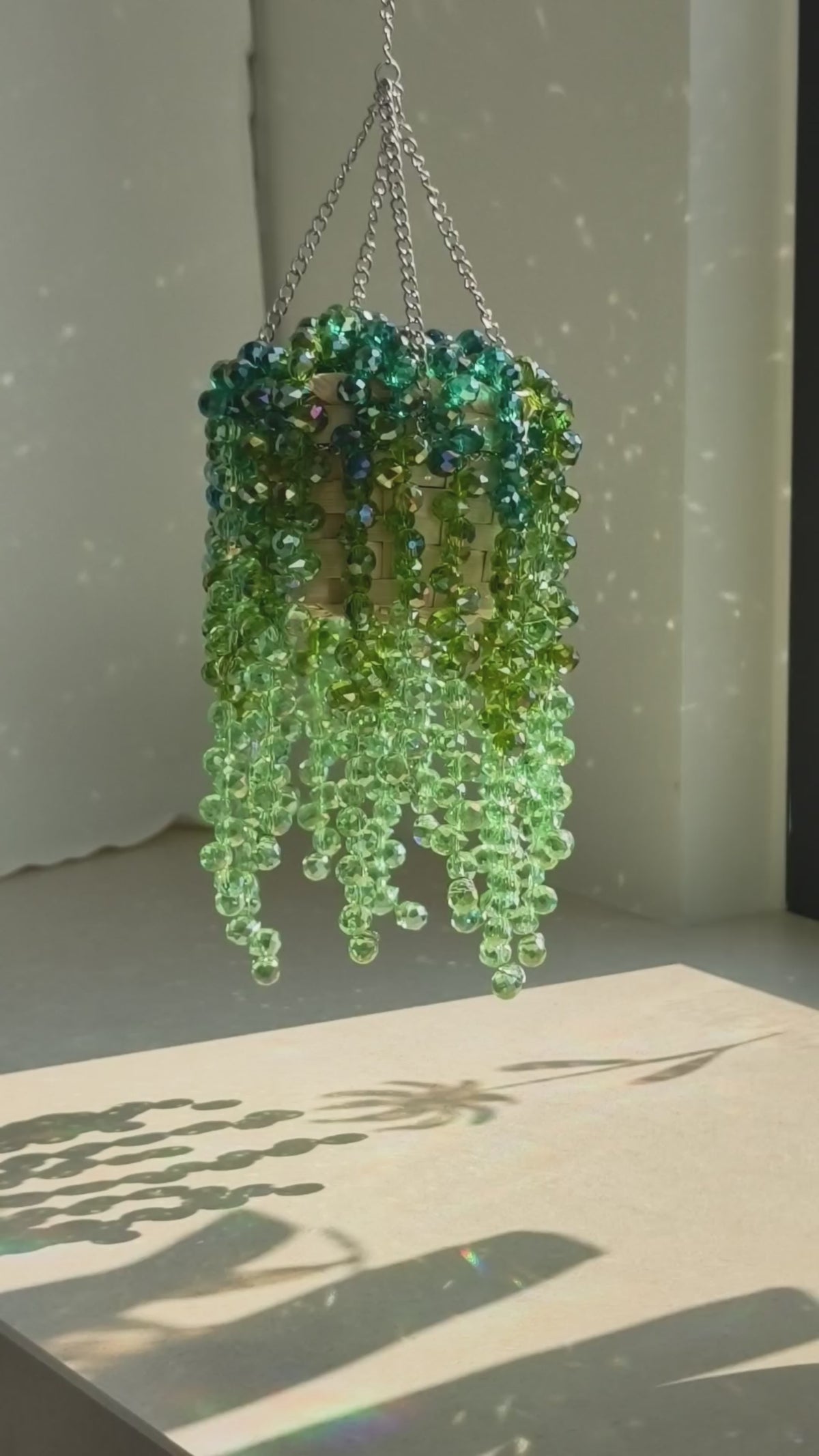 Extra-full beaded plant casting lace-like bead shadows across a sunlit wall