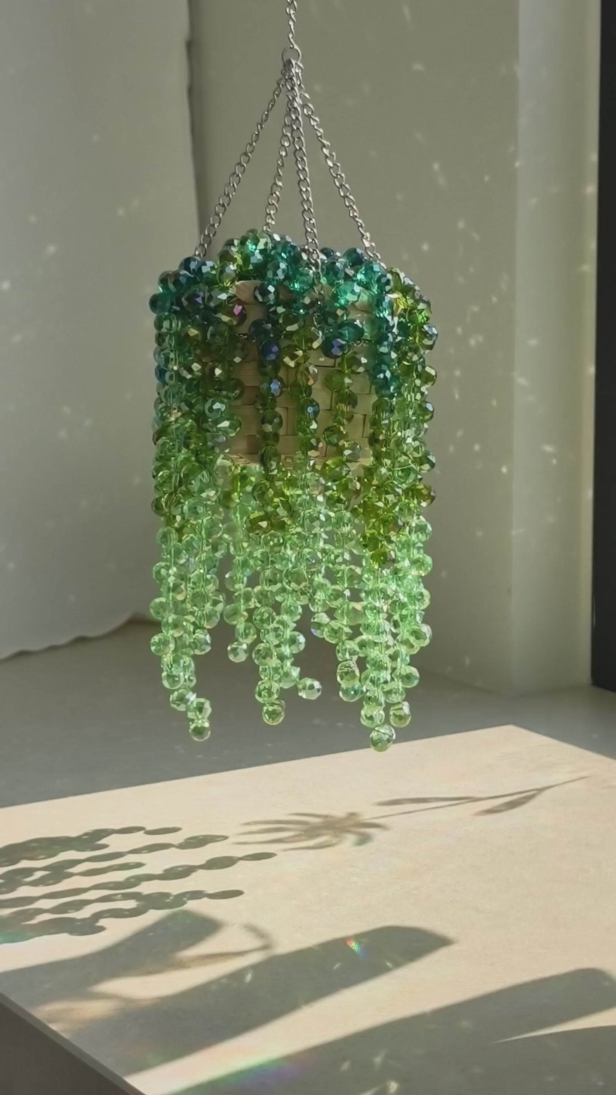 Extra-full beaded plant casting lace-like bead shadows across a sunlit wall