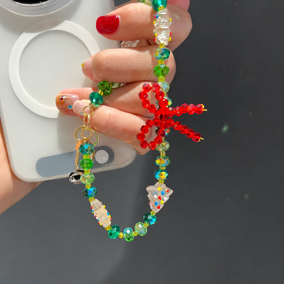 Christmas beaded phone and bag charm in Bow and Christmas Tree designs