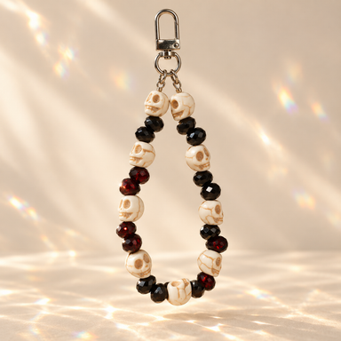 Skull and blood-red beaded phone and bag charm with a swivel clasp on a warm cream background.