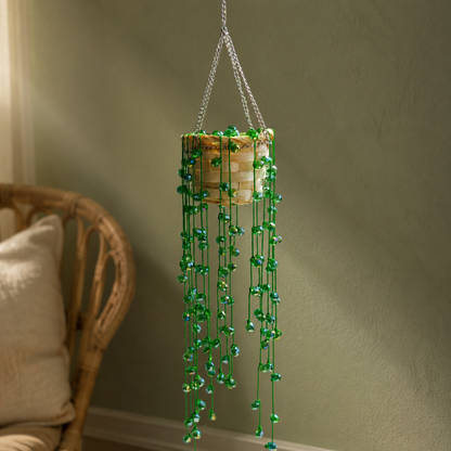 Green beaded String of Pearls hanging plant in a cozy boho room