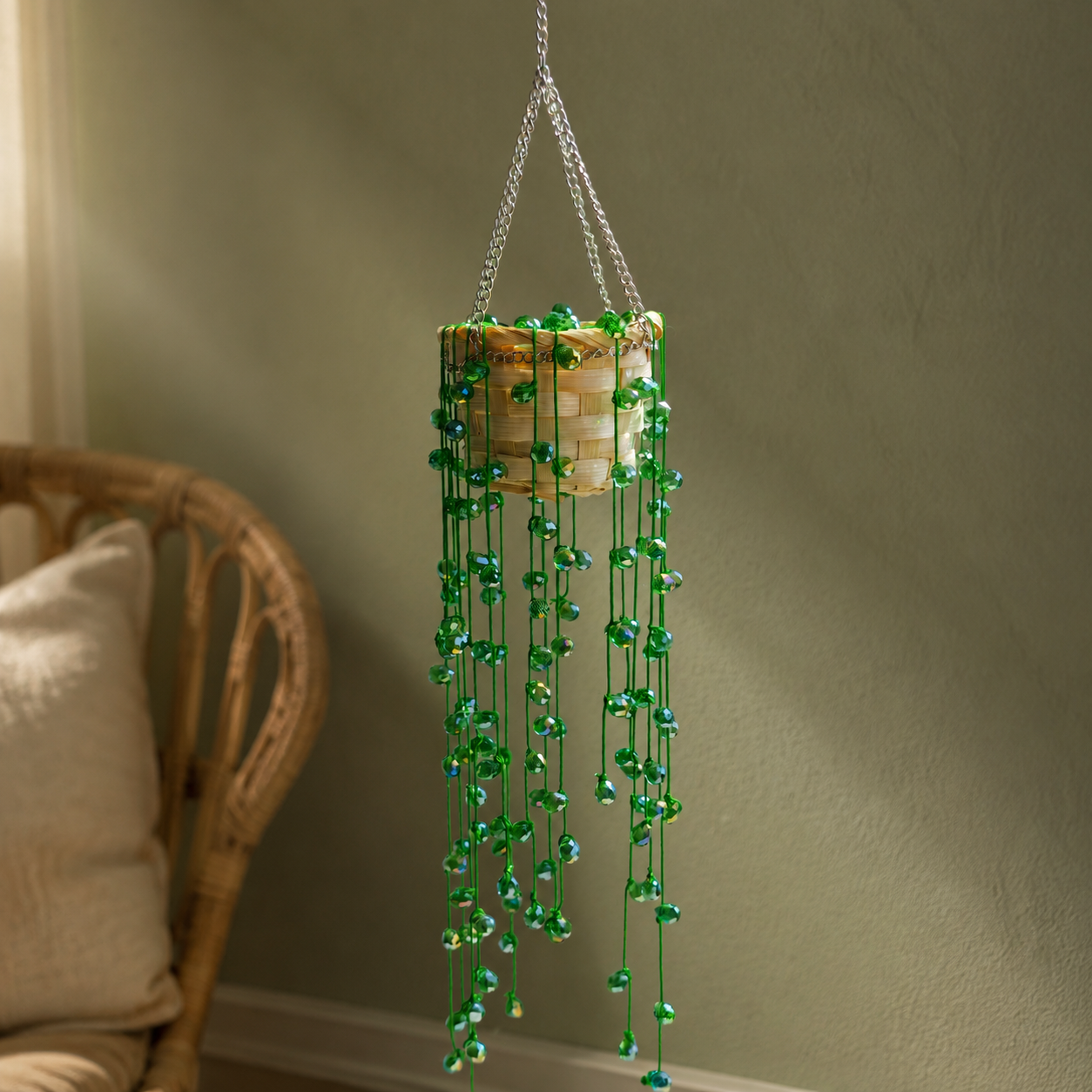 Green beaded String of Pearls hanging plant in a cozy boho room