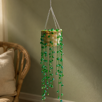 Green beaded String of Pearls hanging plant in a cozy boho room
