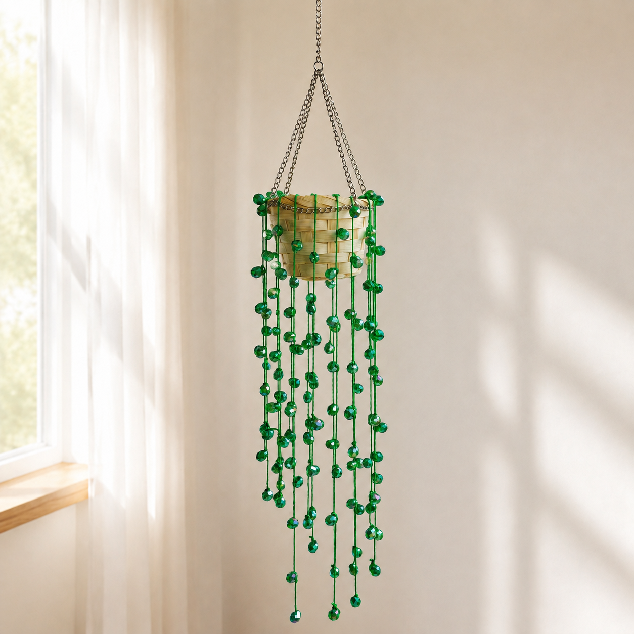 Green beaded hanging plant beside a bright window