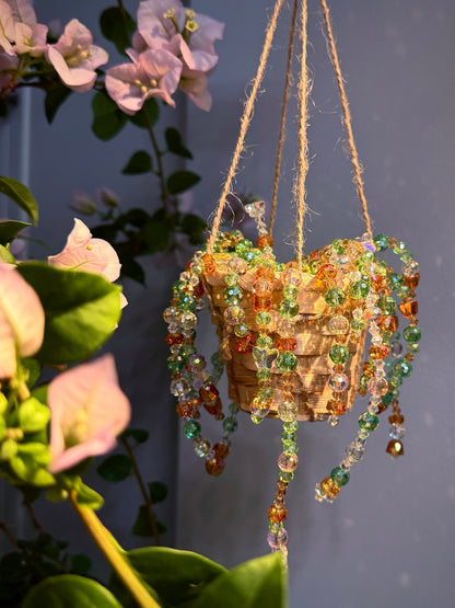 Hanging crystal beaded garden basket with colorful strands
