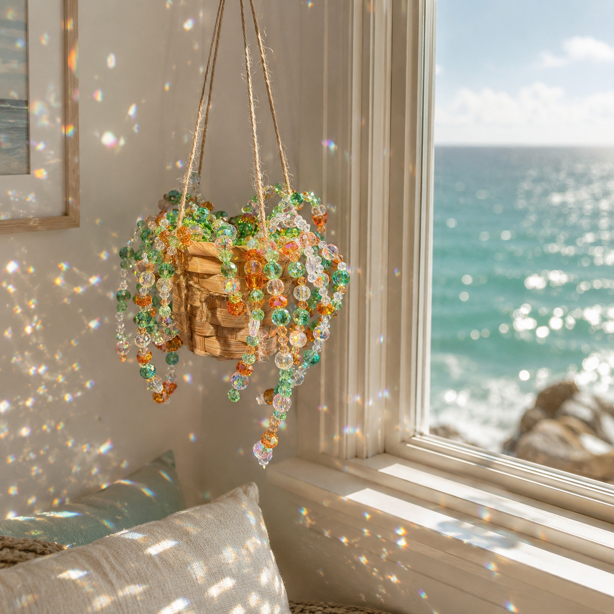 Sunlit Garden DIY kit components with beads, cord, and basket