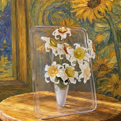 Artistic white daffodil beaded flower display with a sunflower-inspired backdrop