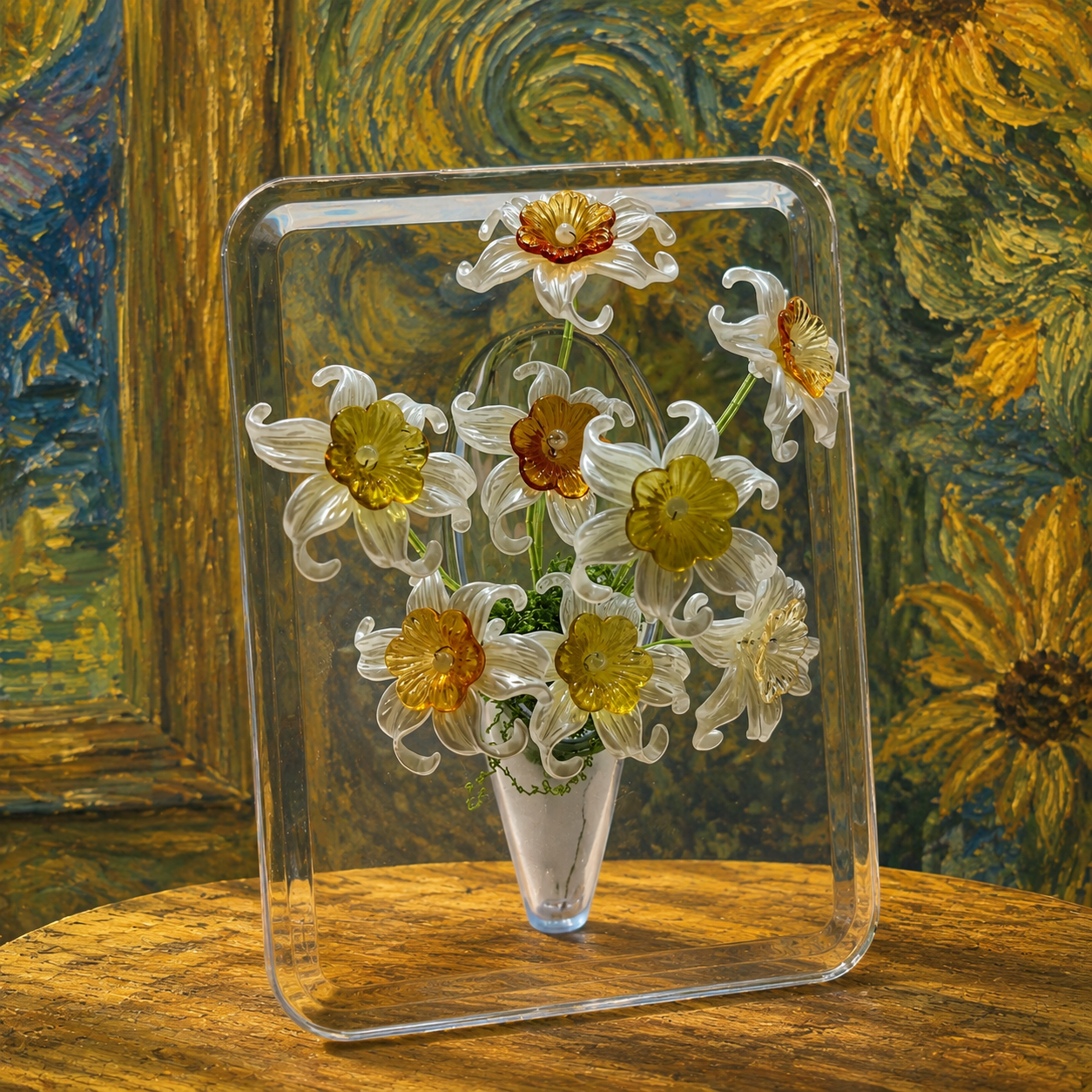 Front view of white daffodil beaded flower display with an artistic sunflower-inspired backdrop