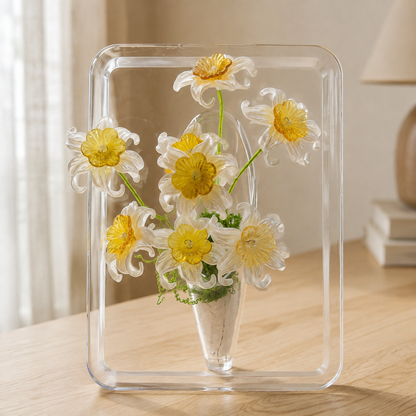 White daffodil beaded flower display styled on a table in a cozy room